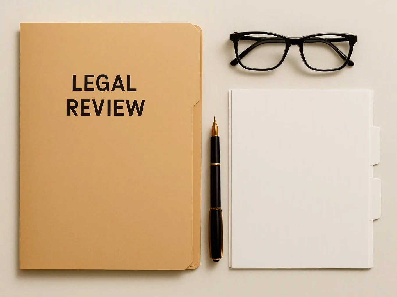 A beige folder labeled “LEGAL REVIEW” sits beside glasses, a pen, and a blank document on a desk