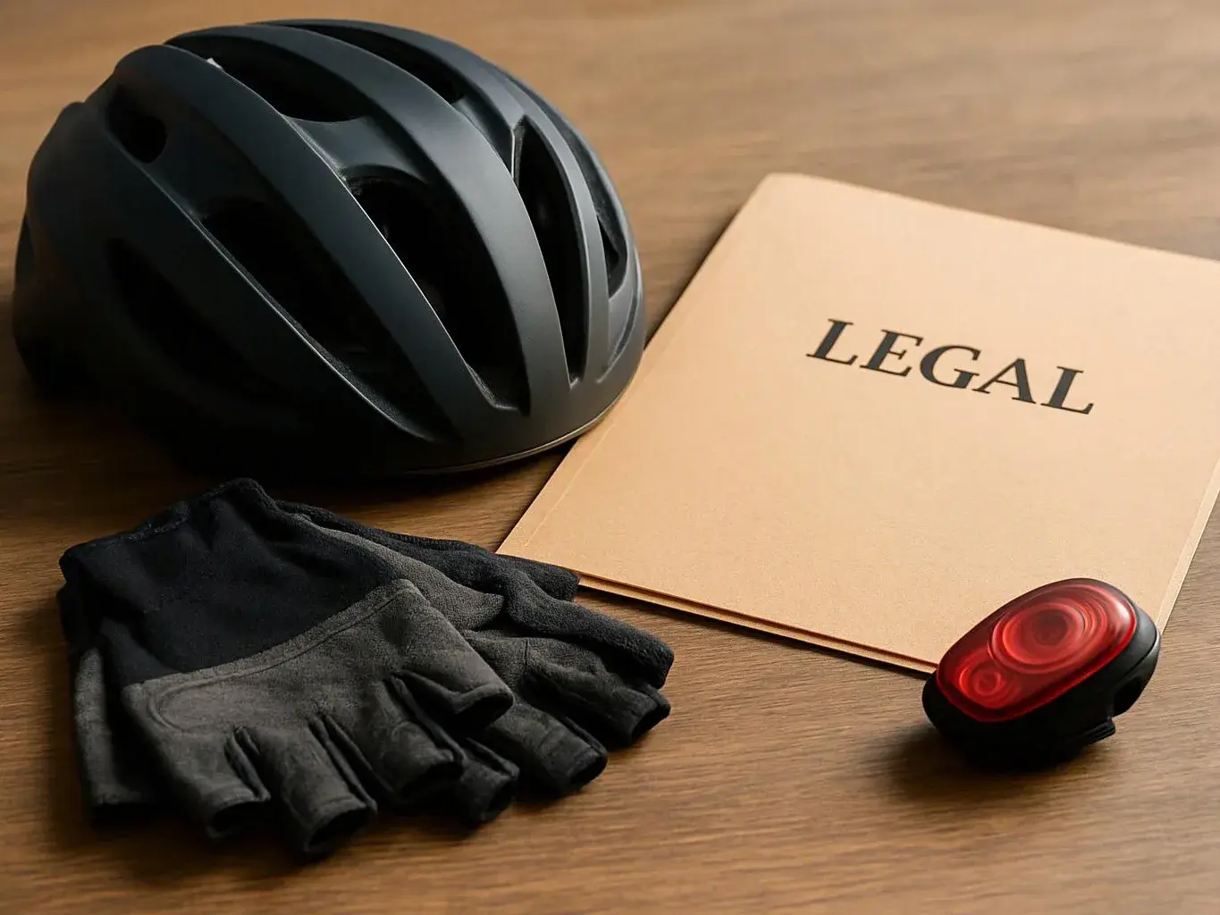 A bike helmet, gloves, a red rear light, and a folder labeled “LEGAL” sit on a wooden table