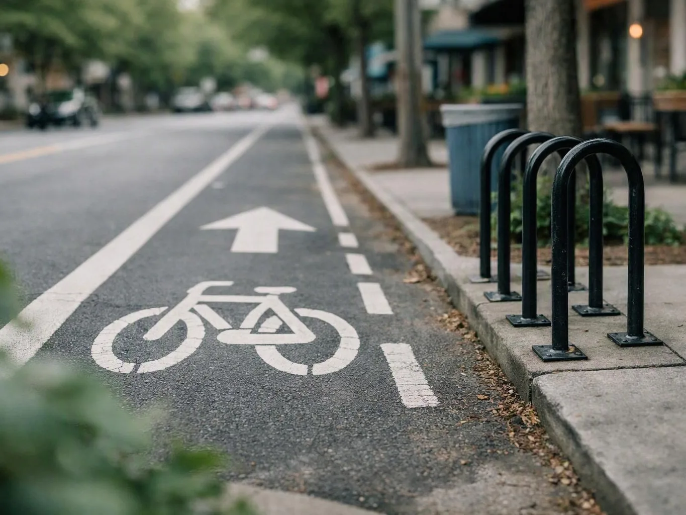 A bike lane with a painted bicycle symbol and arrow runs beside a sidewalk with black bike racks