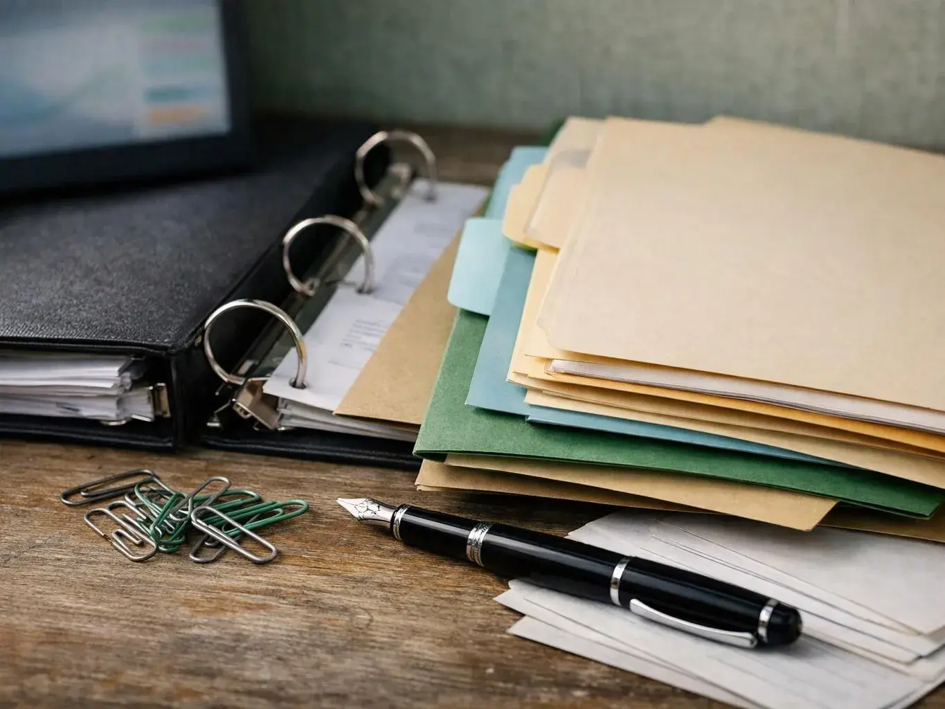 A binder, stacked folders, paper clips, and a fountain pen rest on a wooden desk