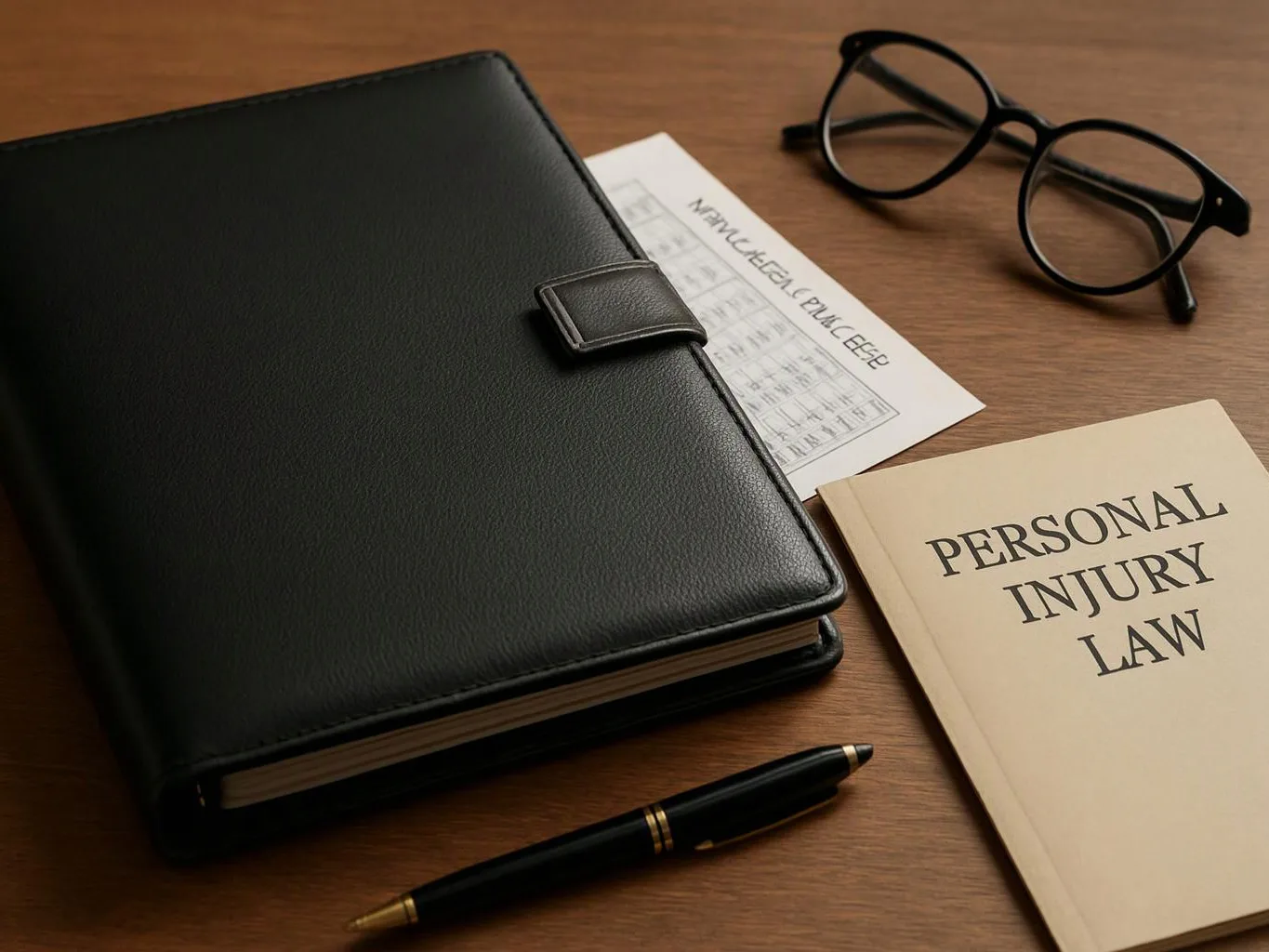 A black binder, eyeglasses, a pen, and a booklet labeled “PERSONAL INJURY LAW” sit on a wooden desk