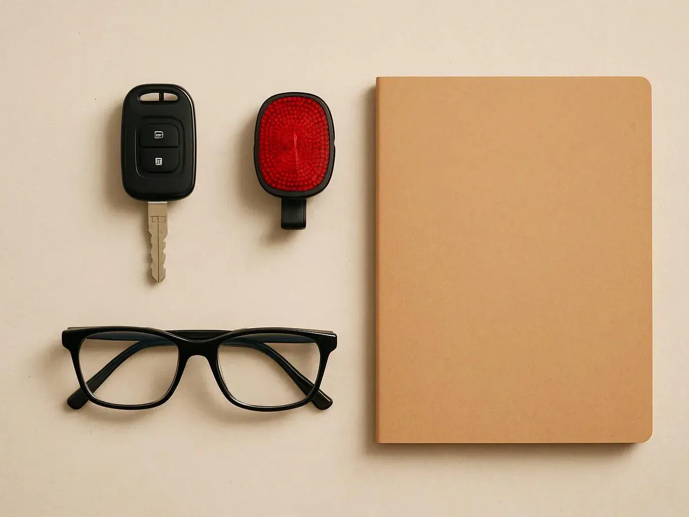 Black car key, red light, glasses, and a tan notebook arranged neatly on a beige surface