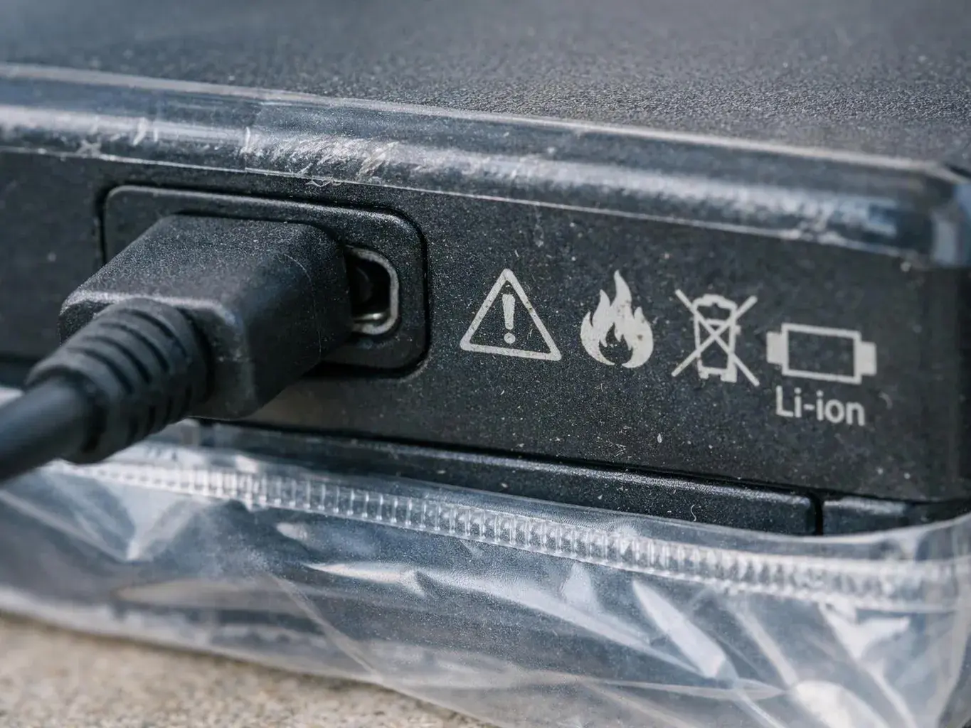 A black device shows a plugged-in cable and warning icons next to “Li-ion” text