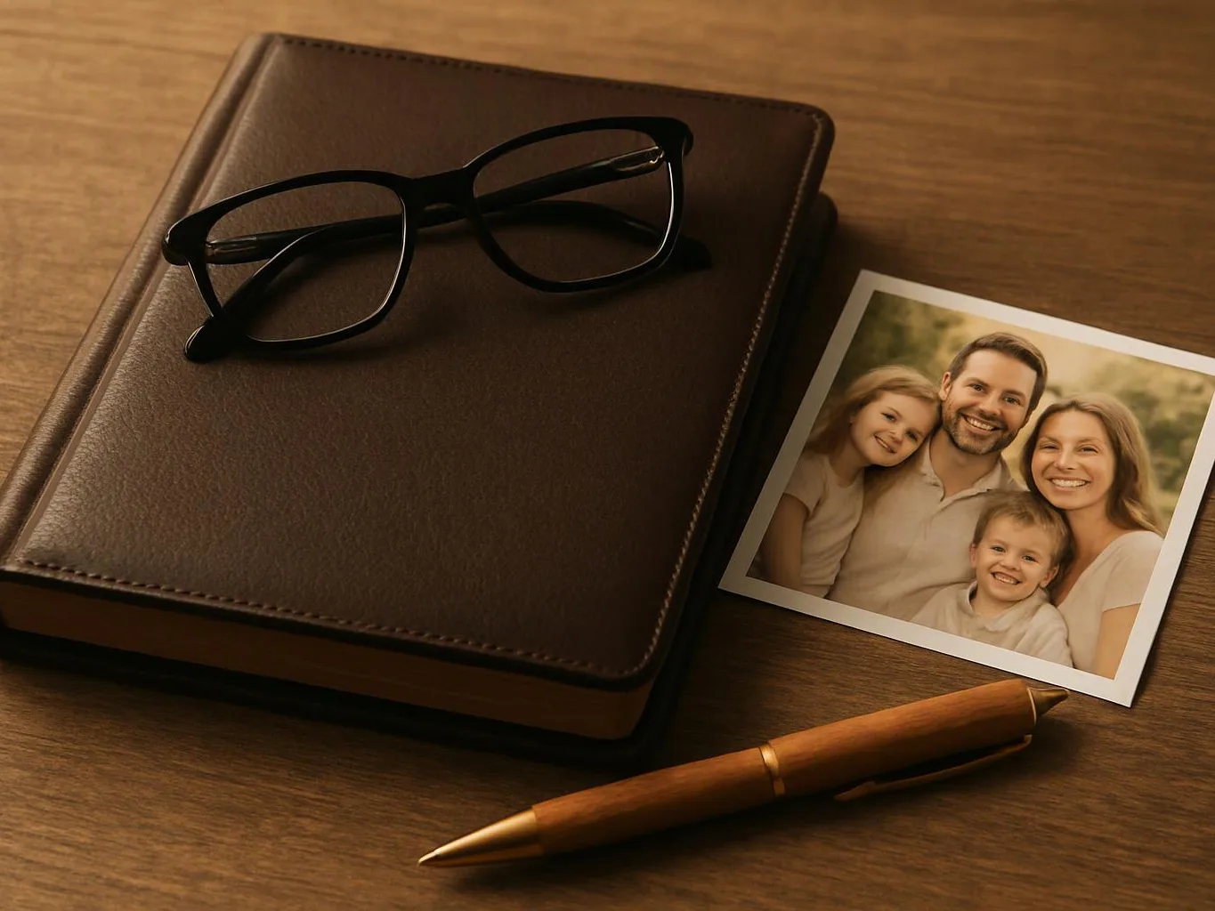 Black eyeglasses rest on a brown notebook beside a family photo and a wooden pen on a desk