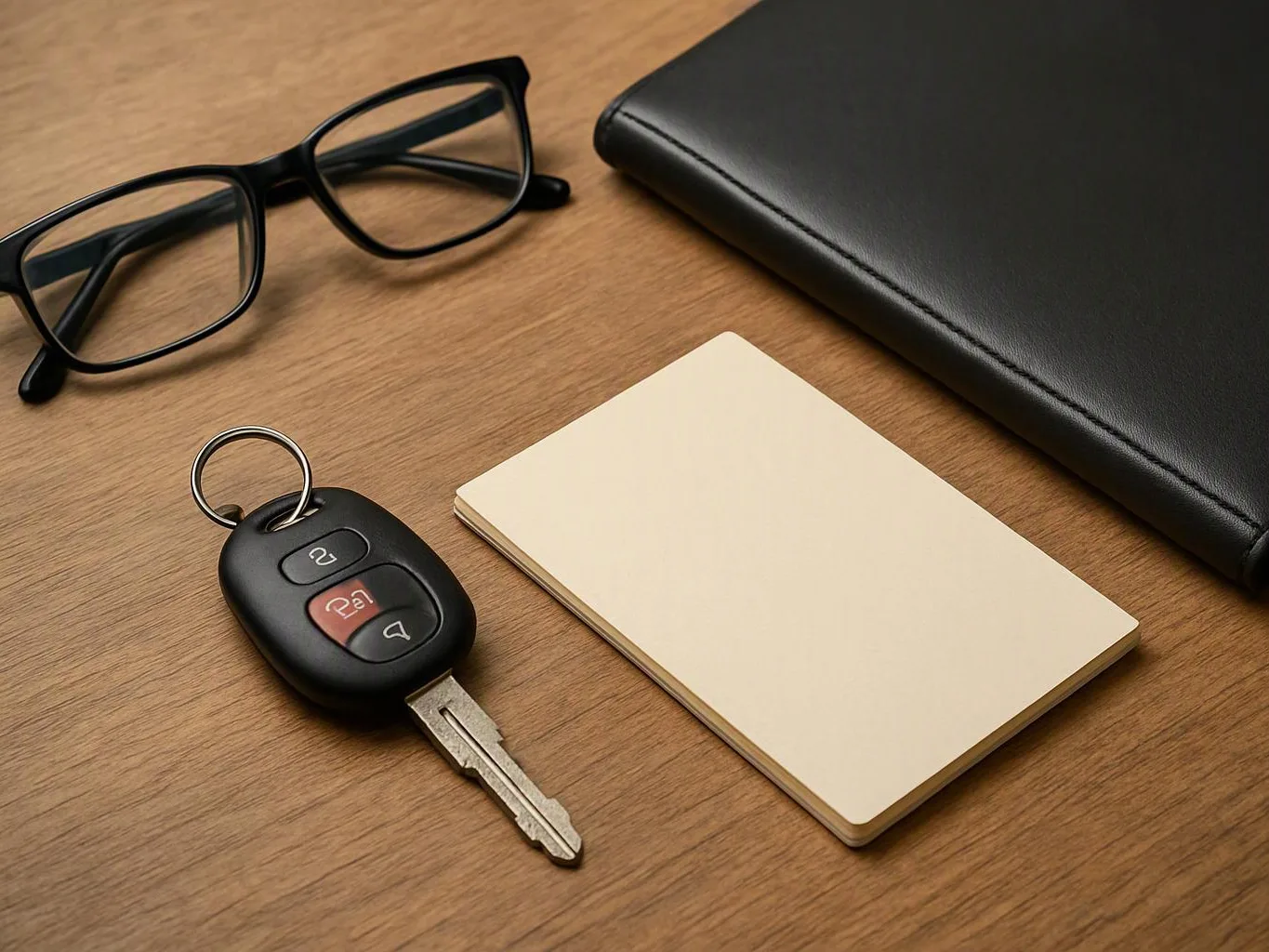 Black glasses, a car key, a blank notepad, and a closed black laptop rest on a wooden desk