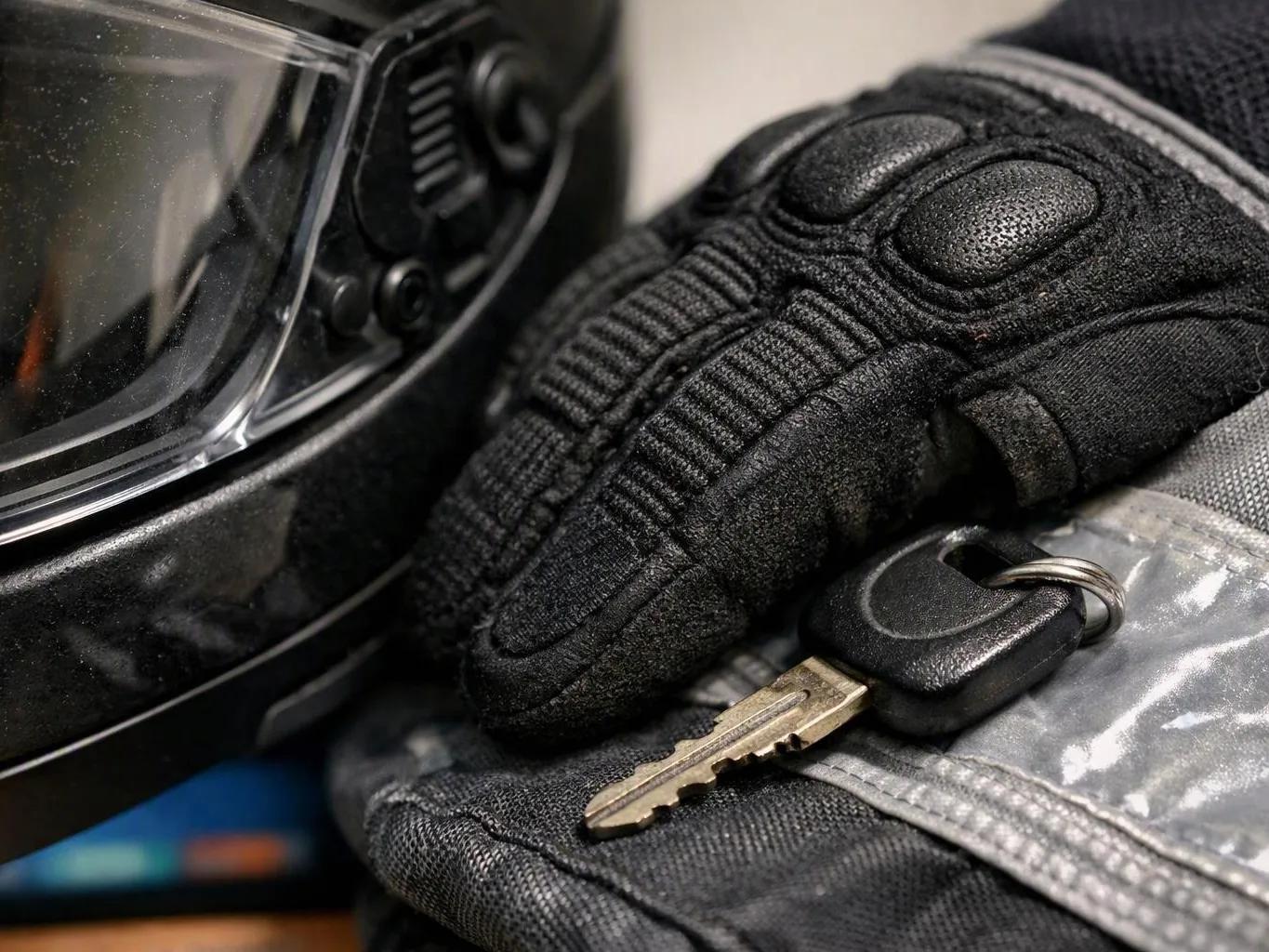 A black gloved hand holds a metal key beside a black helmet with a clear visor
