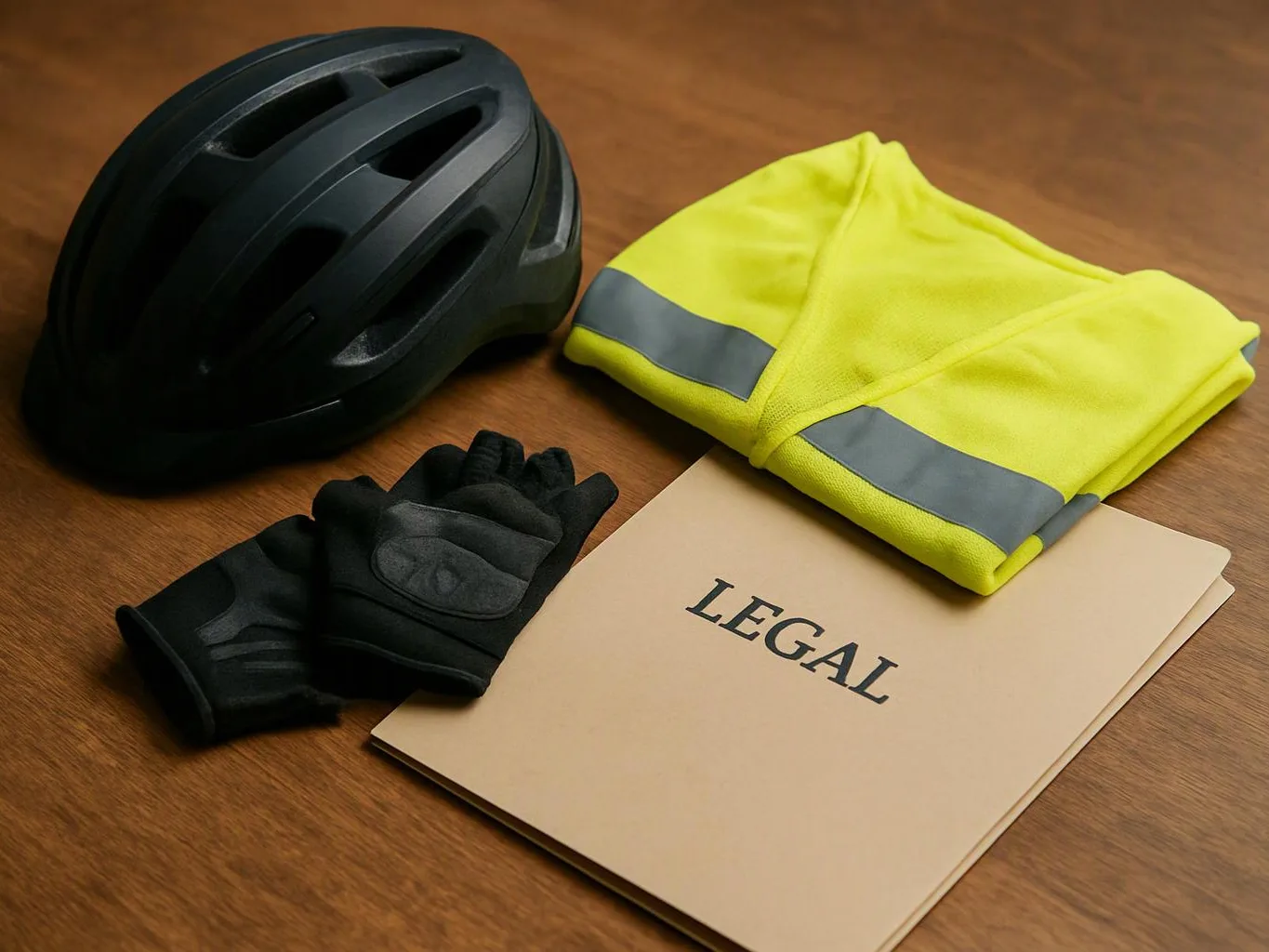 A black helmet, neon yellow reflective jacket, black gloves, and a folder labeled "LEGAL" rest on a wooden table