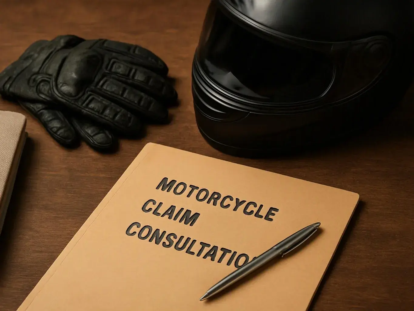 A black motorcycle helmet, gloves, and a notebook labeled “MOTORCYCLE CLAIM CONSULTATION” sit on a wooden table with a pen