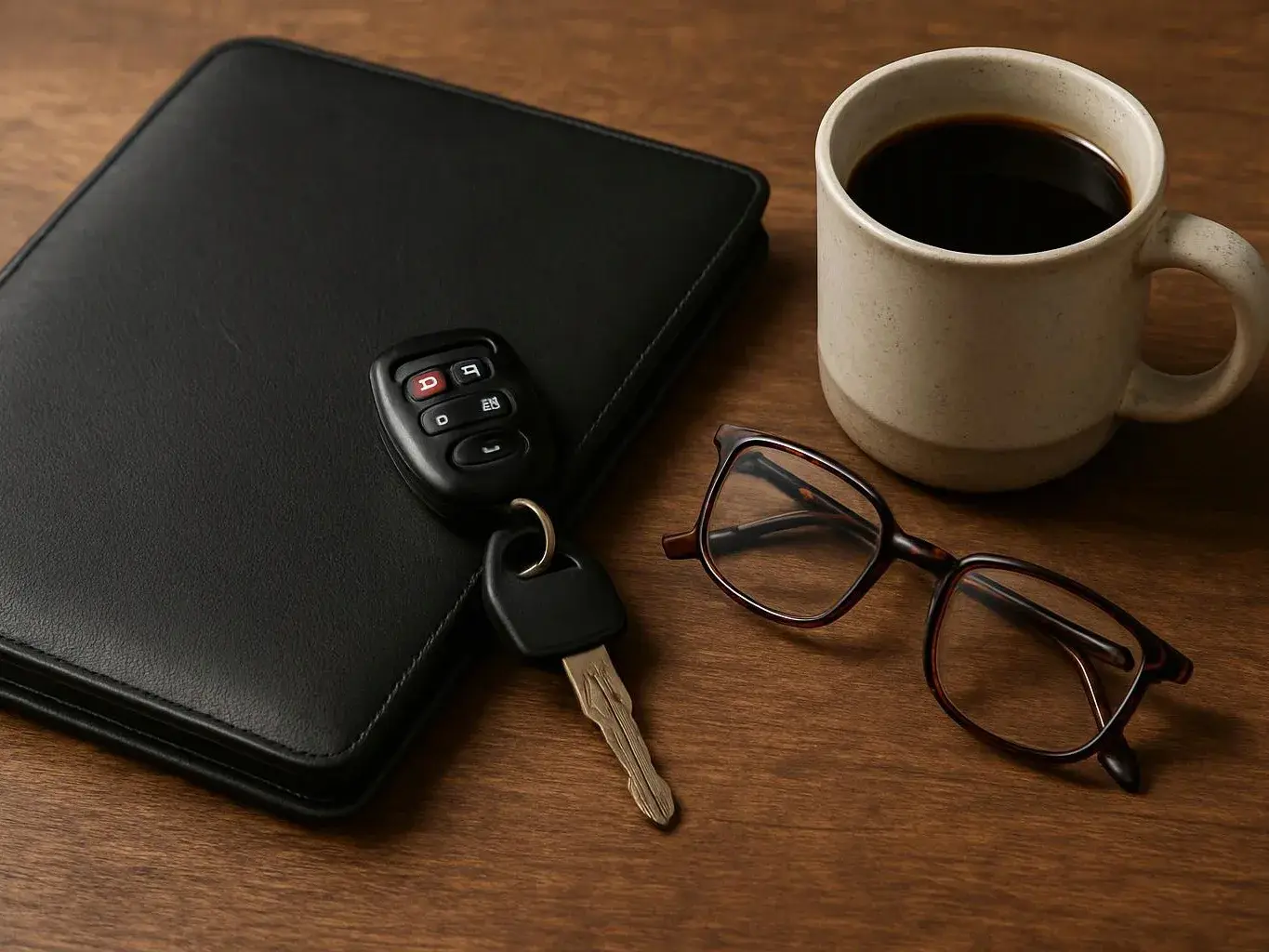 A black wallet, car key, eyeglasses, and a mug of coffee sit on a wooden table