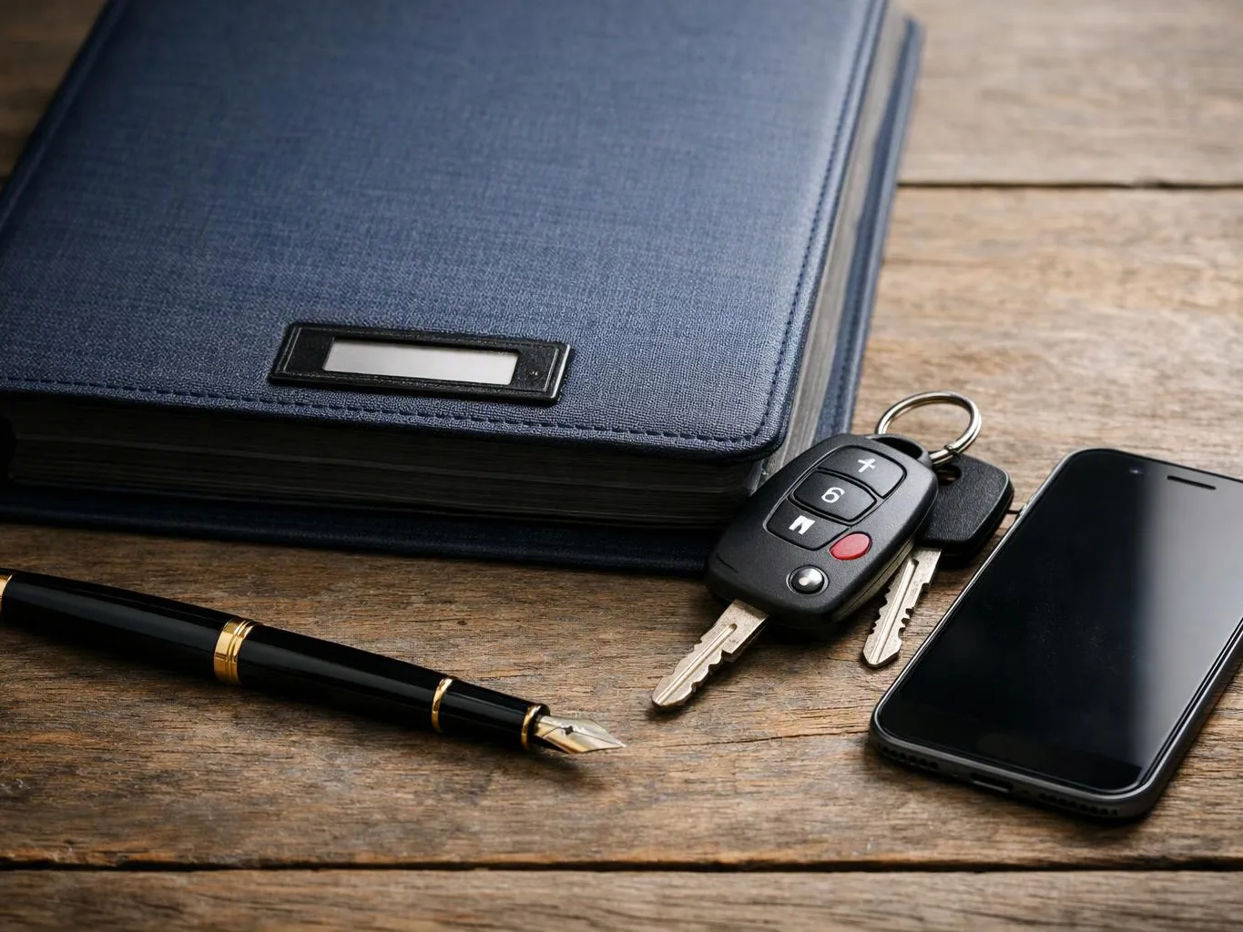 A blue folder, car keys, fountain pen, and smartphone rest on a wooden table