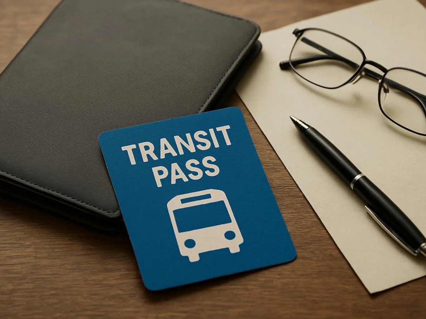 A blue transit pass card lies beside a black notebook, eyeglasses, a pen, and paper on a wooden desk