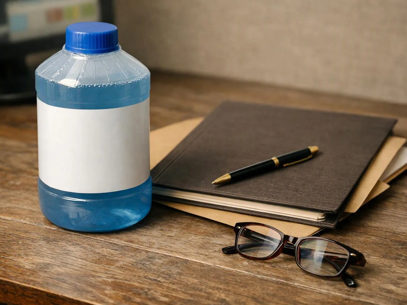 A blue water bottle sits beside stacked folders, a pen, and eyeglasses on a wooden desk