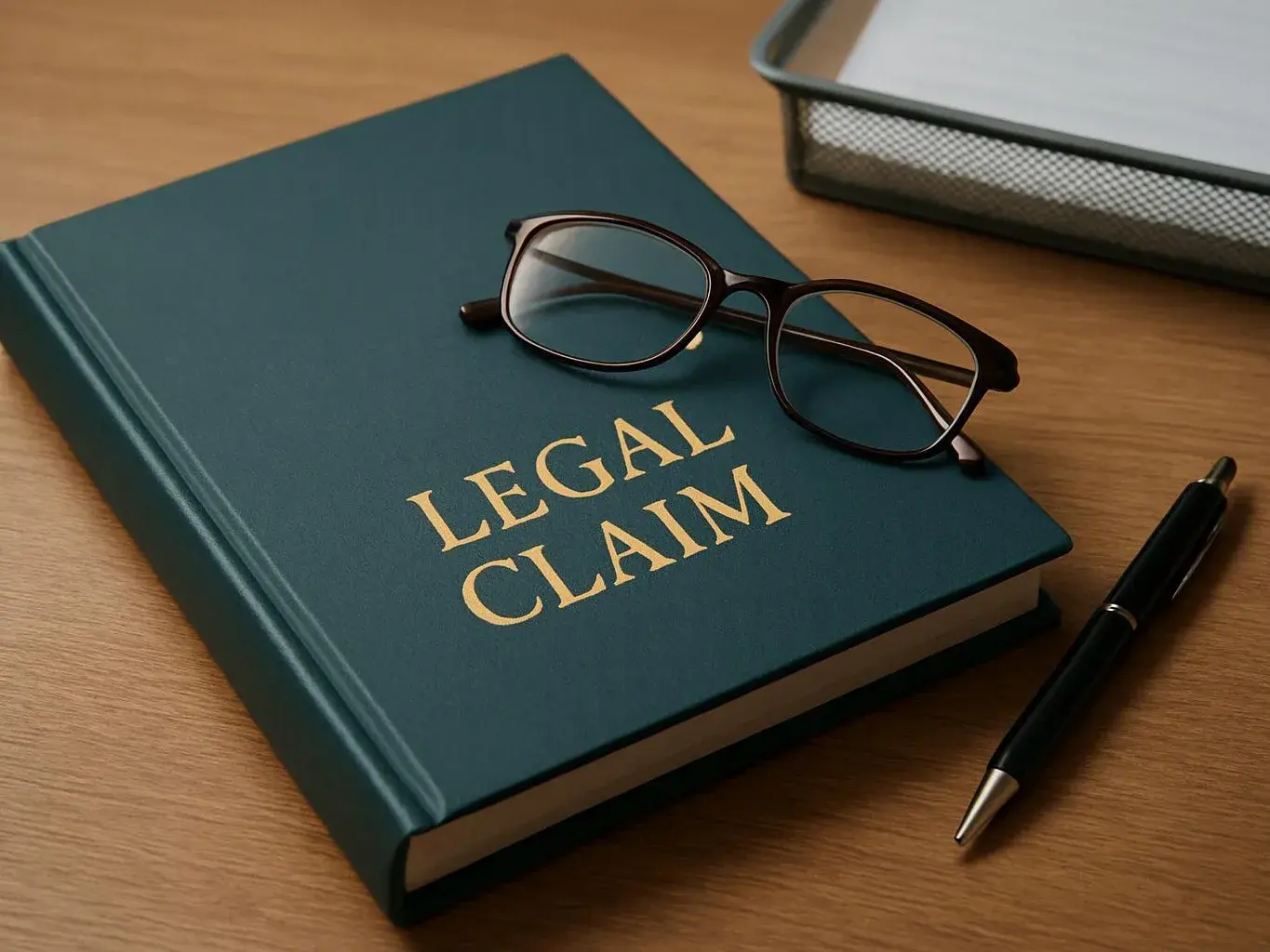 A book labeled "LEGAL CLAIM" sits on a desk with glasses, a pen, and a document tray nearby