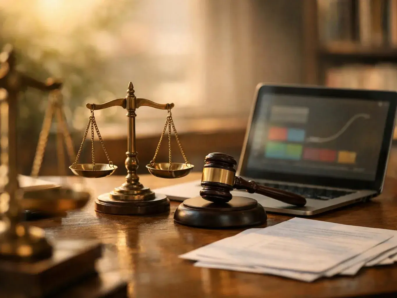 A brass balance scale and judge’s gavel sit beside an open laptop and papers on a wooden desk