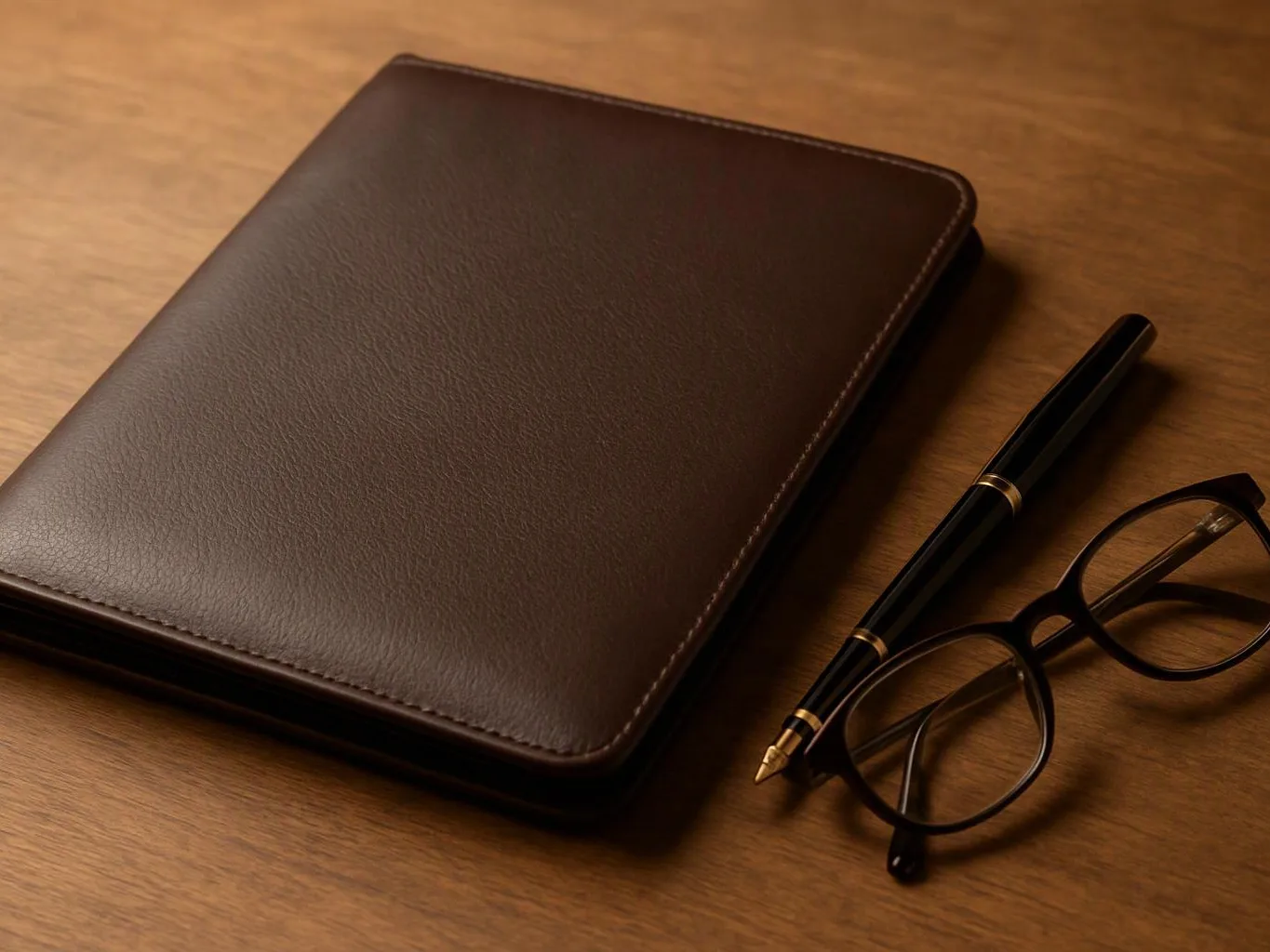 A brown leather folder sits on a wooden desk beside a black pen and eyeglasses