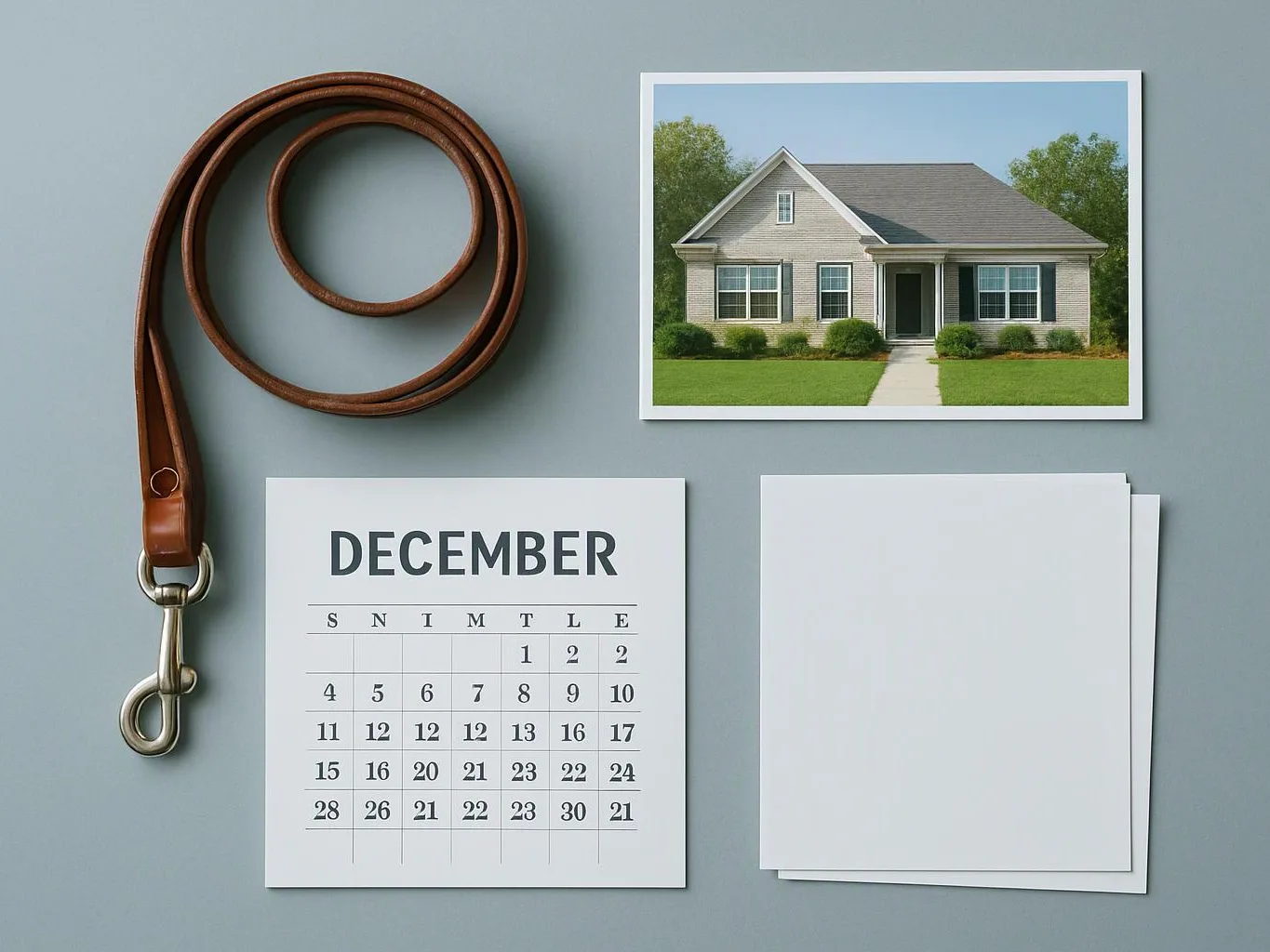 A brown leather leash, a house photo, a December calendar, and blank cards lie neatly on a gray surface