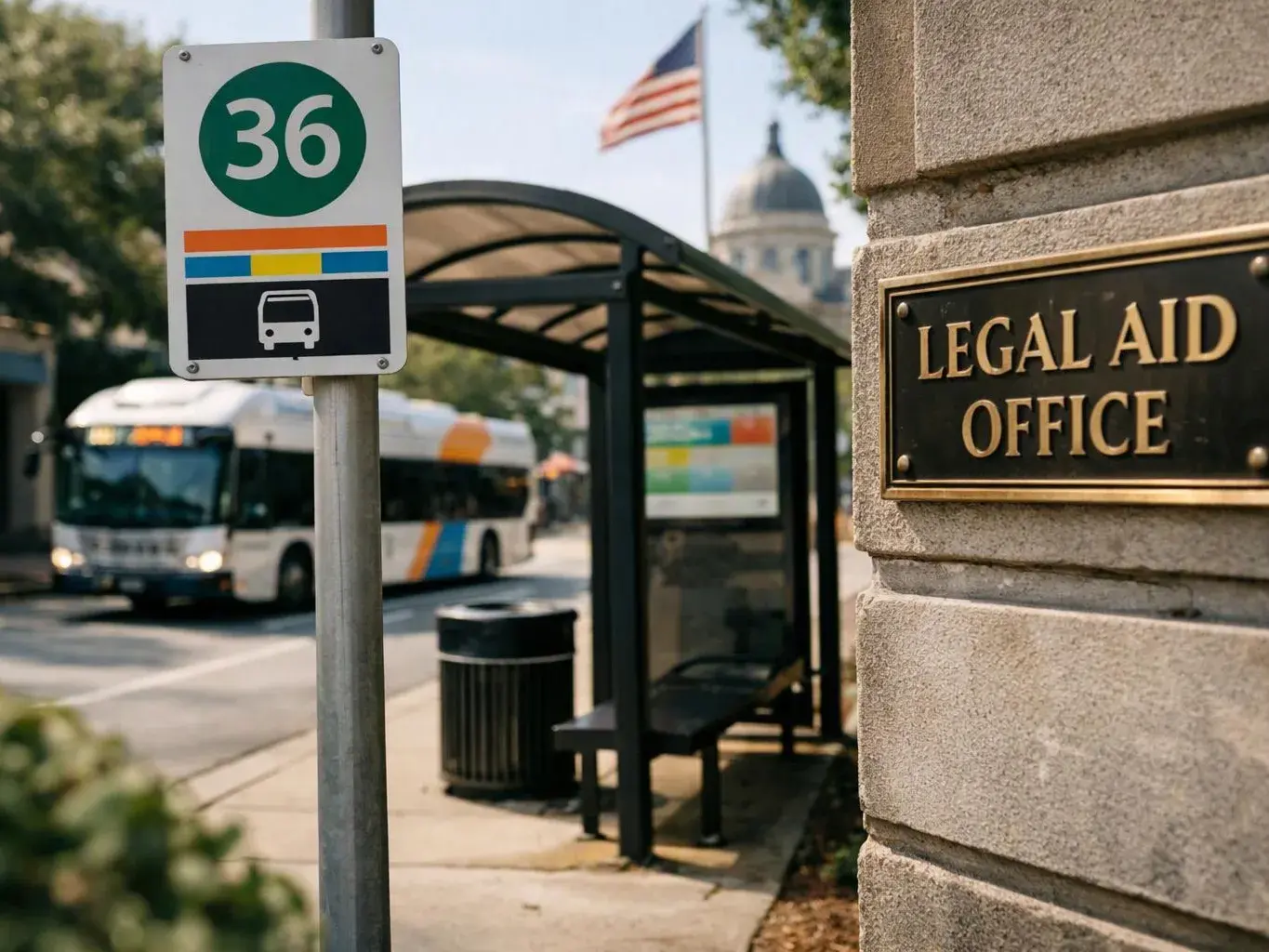 A bus stop sign and shelter sit beside a stone wall with a “LEGAL AID OFFICE” plaque, with a bus and flag in back