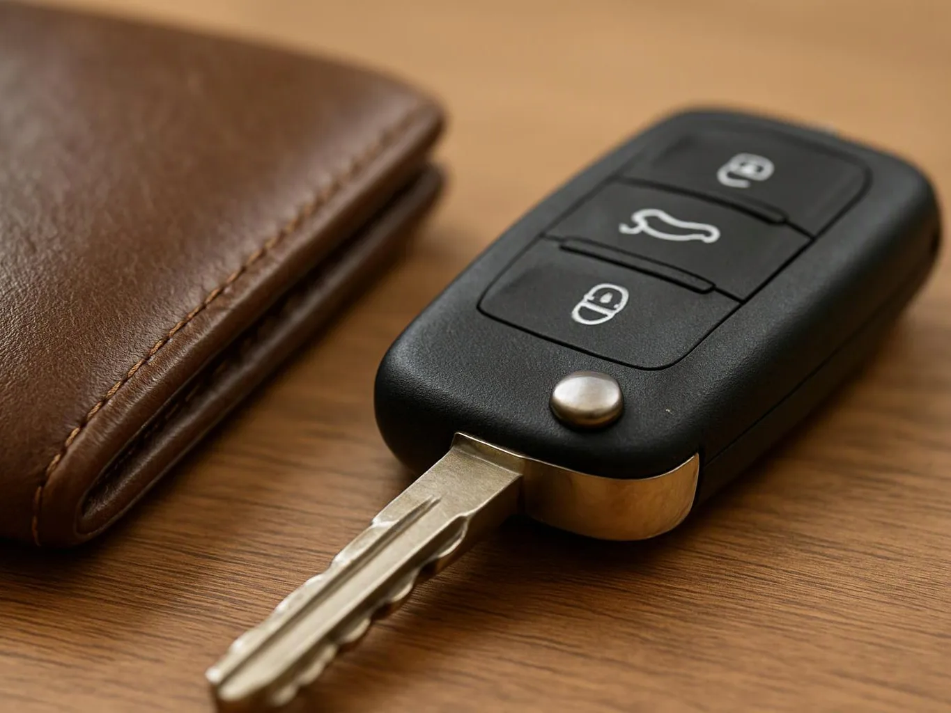 A car key with buttons rests beside a brown leather wallet on a wooden surface