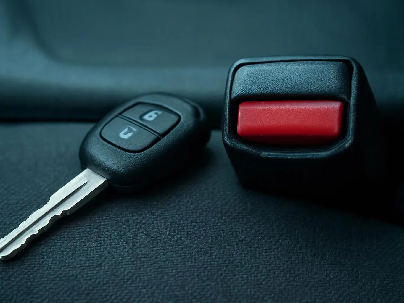 A car key lies beside a red seatbelt buckle on a dark surface