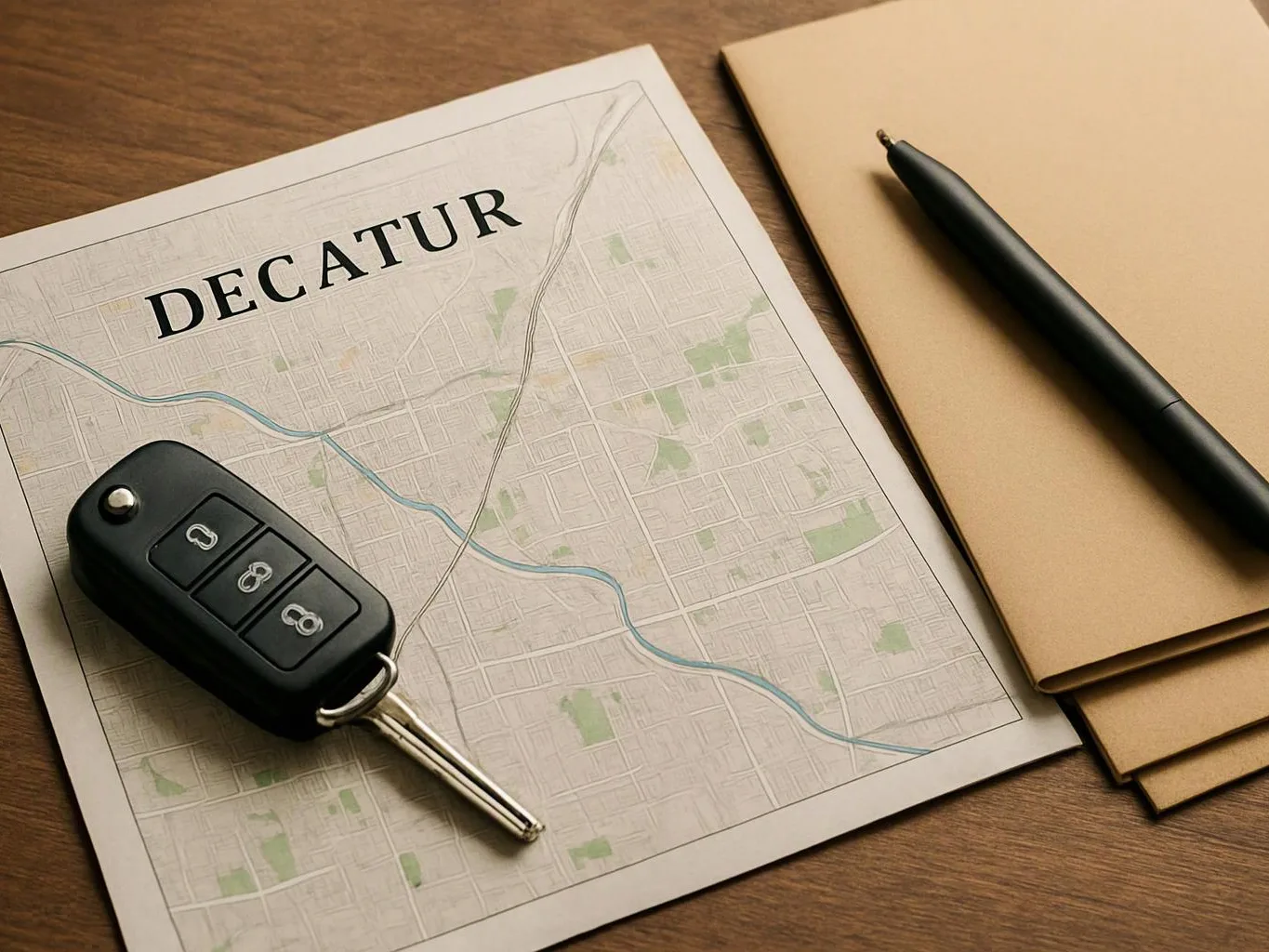 A car key rests on a map beside a pen and two tan notebooks on a wooden desk