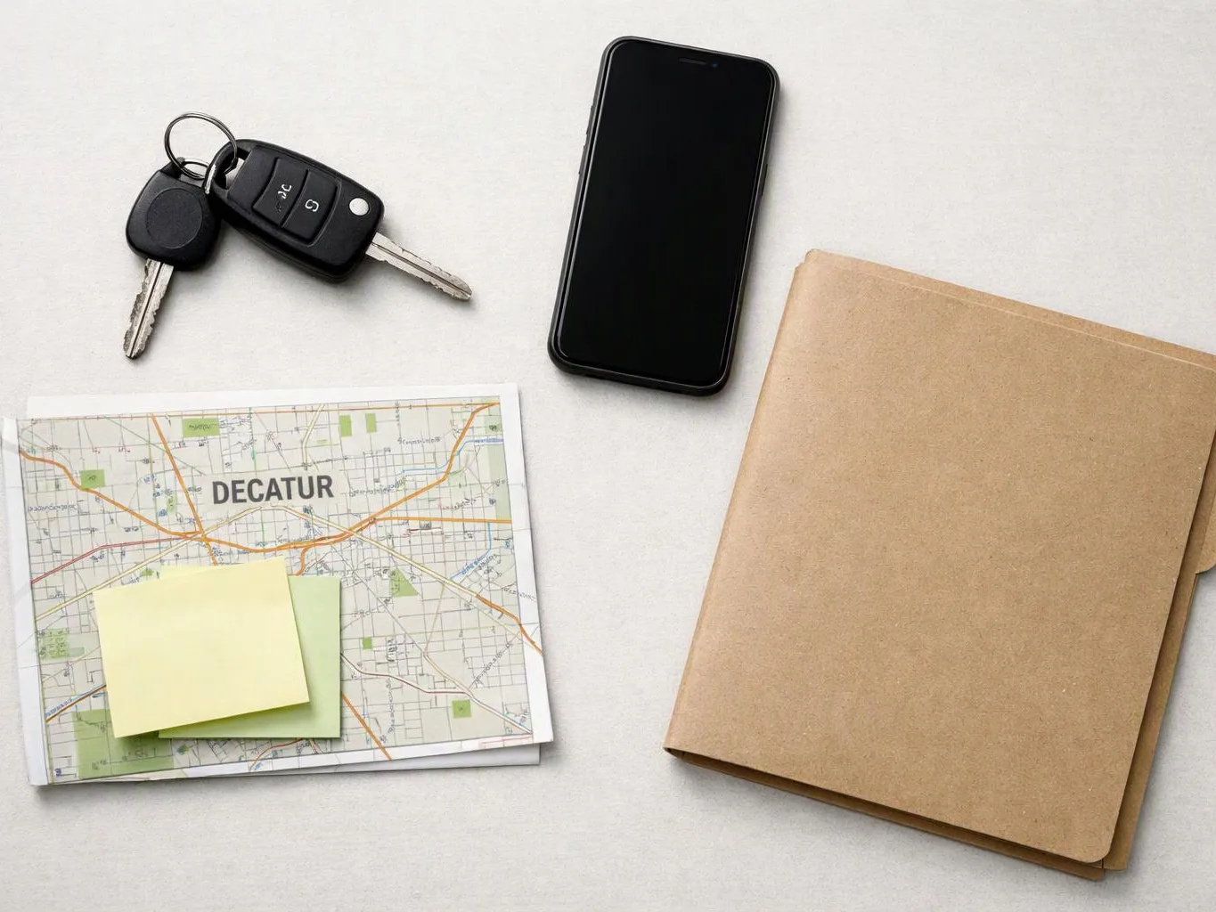 A car key, smartphone, folded map, sticky notes, and brown notebook lie on a white surface