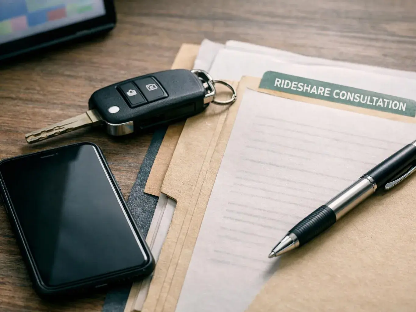 A car key, smartphone, pen, and folder labeled “RIDESHARE CONSULTATION” rest on a wooden desk
