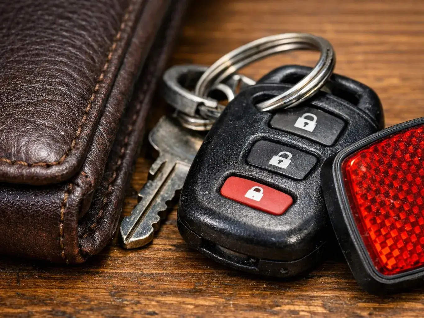 Car keys with a lock button sit beside a worn leather wallet on a wooden table