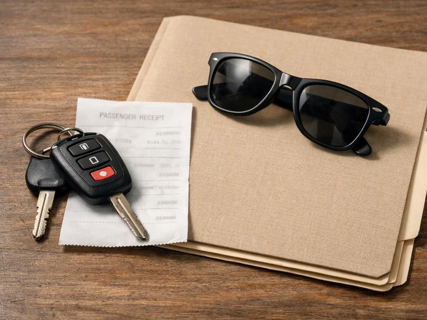 Car keys, a passenger receipt, and black sunglasses rest on a tan folder on a wooden table