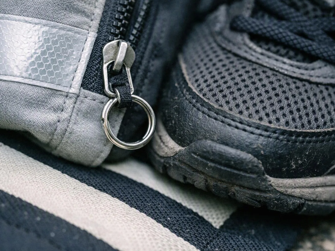 Close-up of a backpack zipper and ring beside a worn black shoe on striped fabric
