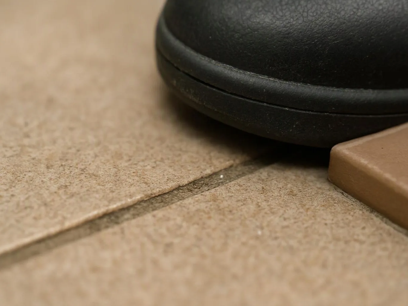 Close-up of a black shoe resting beside a tan tile floor and grout line
