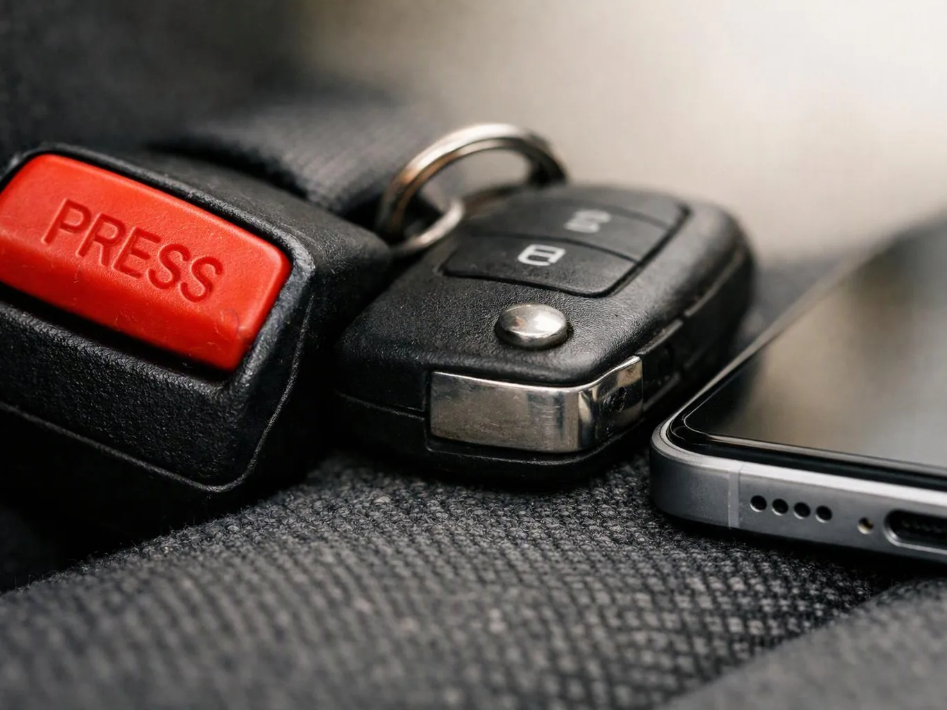 Close-up of a car key fob with a red PRESS button beside a smartphone on fabric upholstery