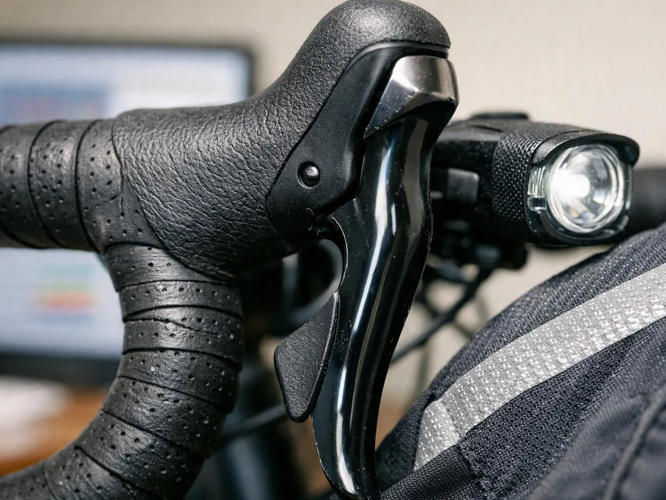 Close-up of a road bike handlebar with a brake lever and a mounted front light