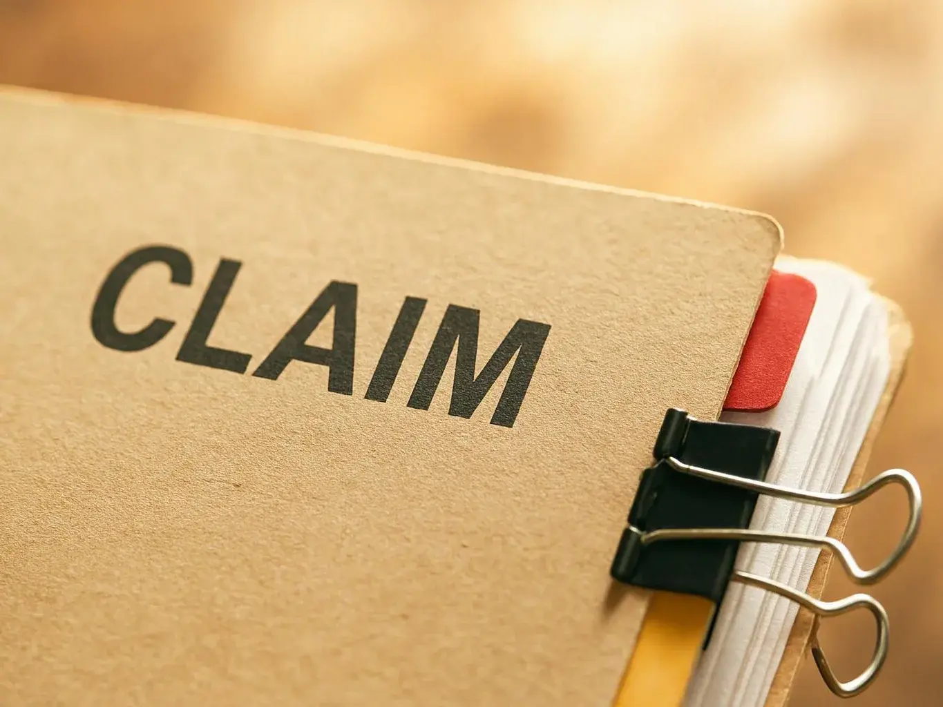 A close-up shows a file folder labeled “CLAIM” clipped shut with a binder clip