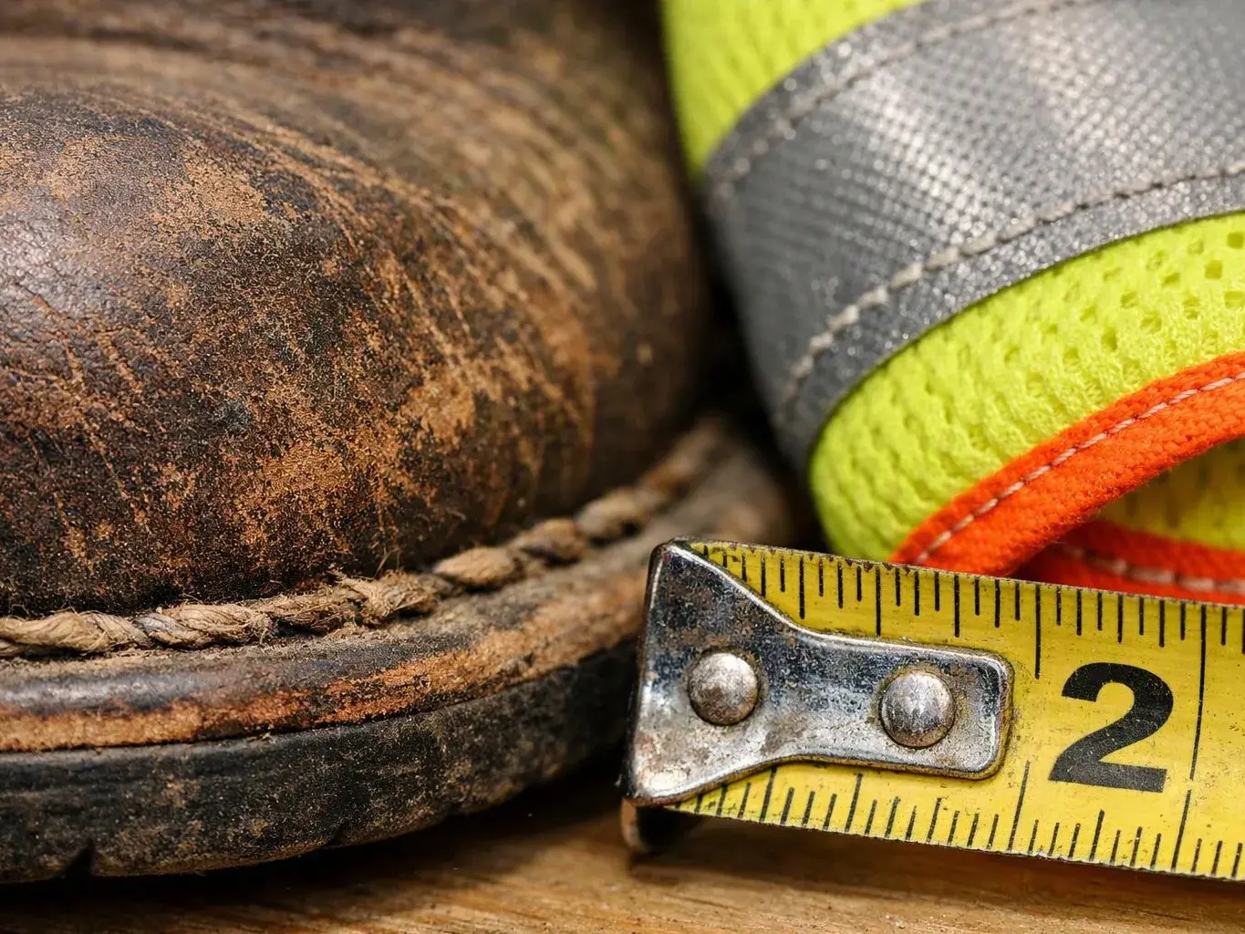 A close-up shows a worn brown boot beside a yellow measuring tape on a wooden surface