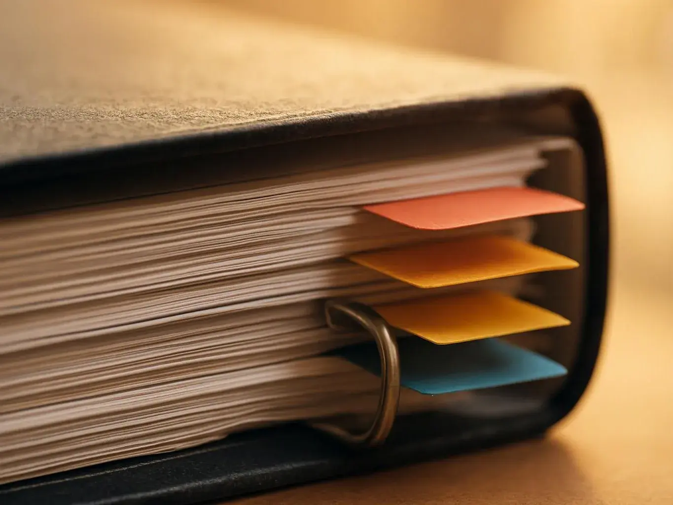 Close-up of a thick black binder packed with papers and colorful index tabs on a warm desk