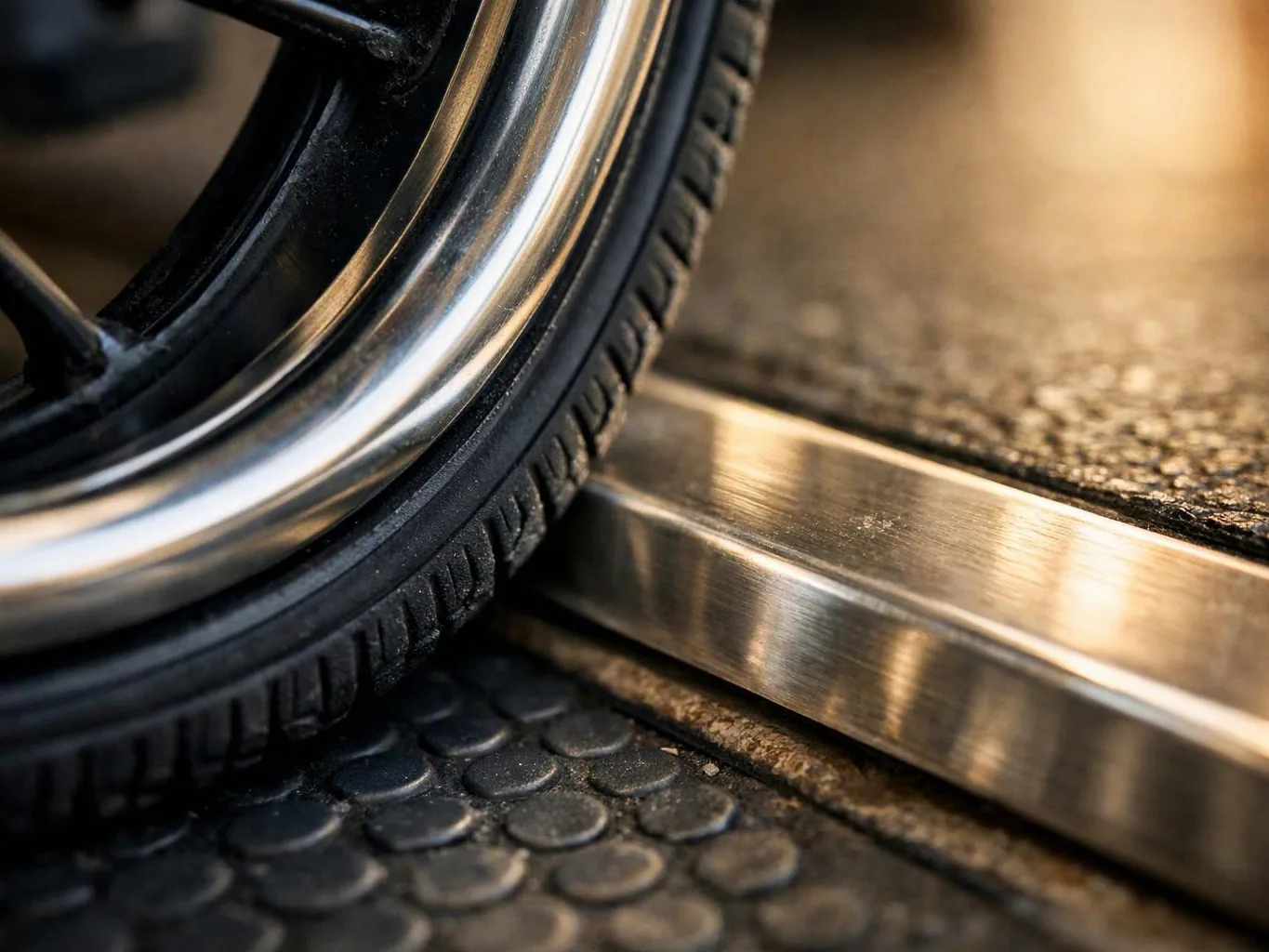 Close-up of a wheel tire beside a shiny metal threshold on a textured floor