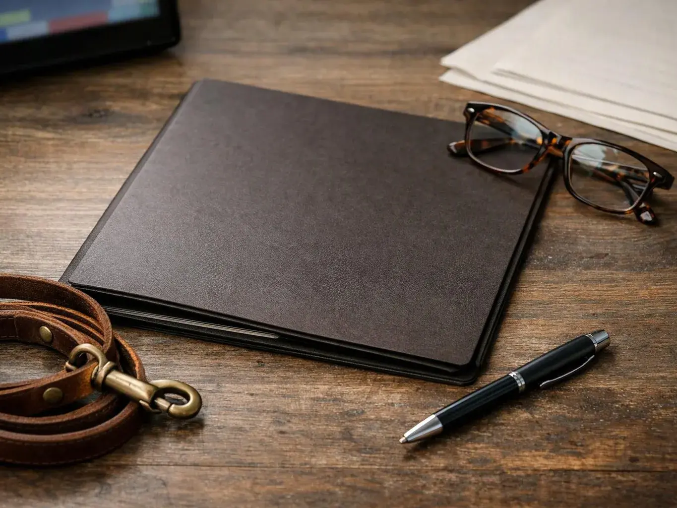 A closed black portfolio sits on a wooden desk beside glasses, a pen, papers, and a leather strap