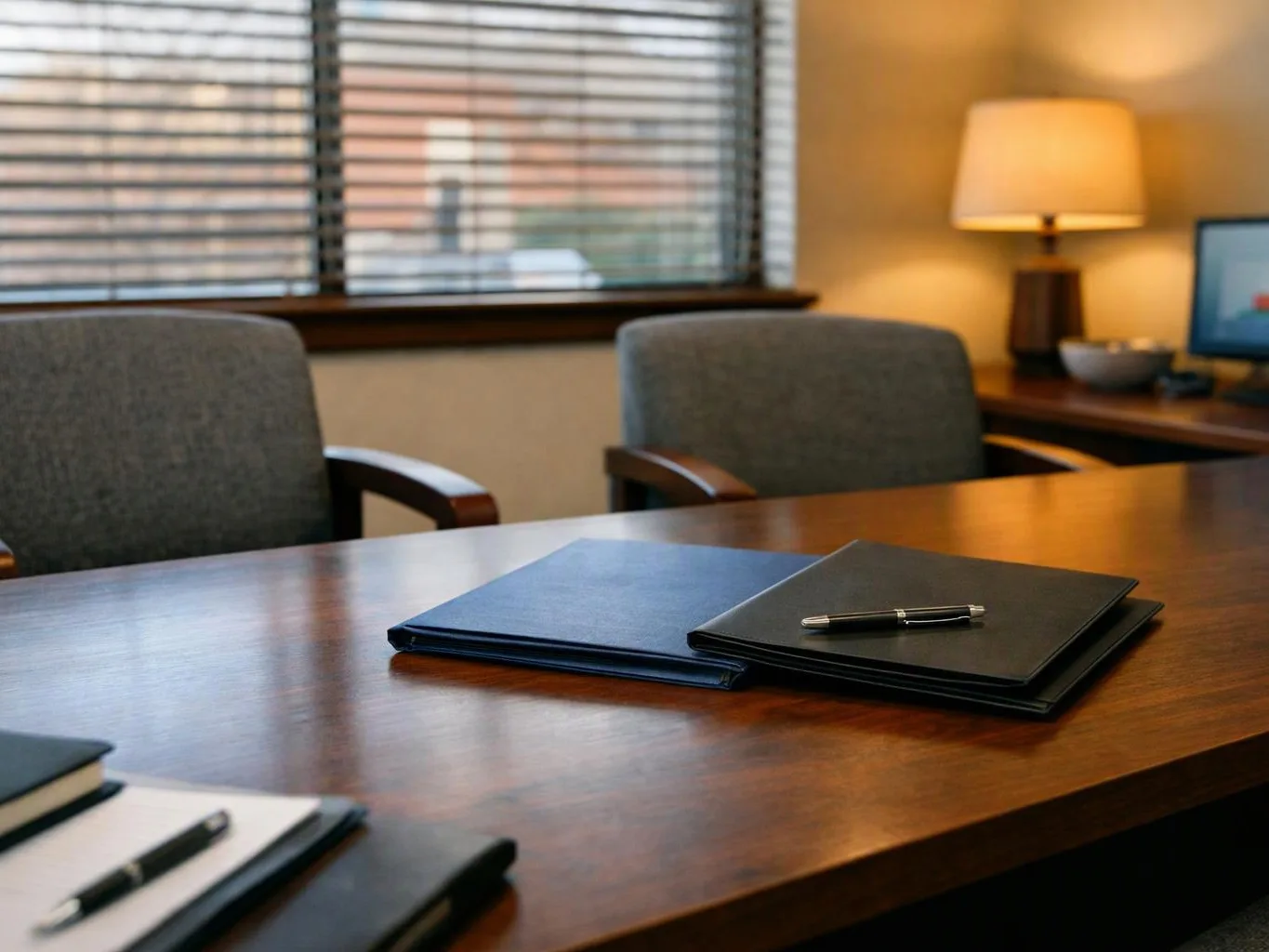 A conference table holds closed folders and pens in a quiet office with chairs, blinds, and a lit lamp