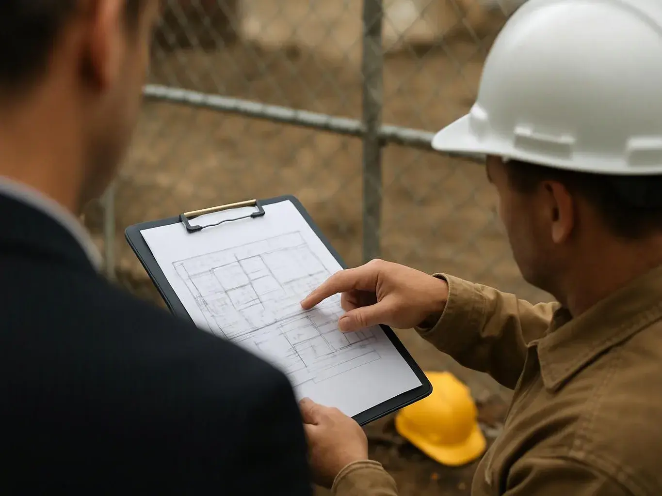 Construction worker in a white hard hat points at a blueprint on a clipboard near a fenced site