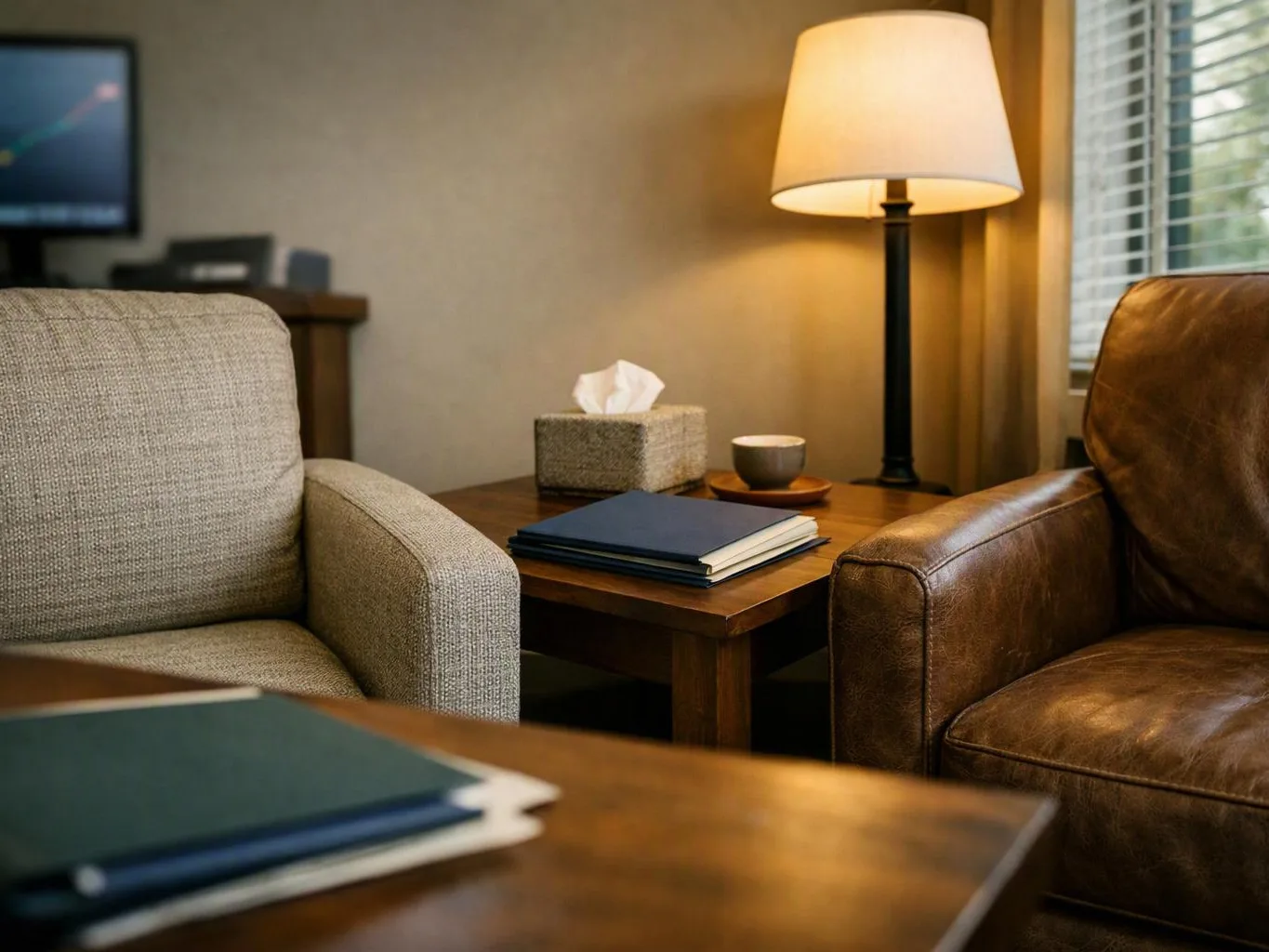 A cozy living room shows two armchairs, a side table with books and tissue box, and a lit lamp by the window
