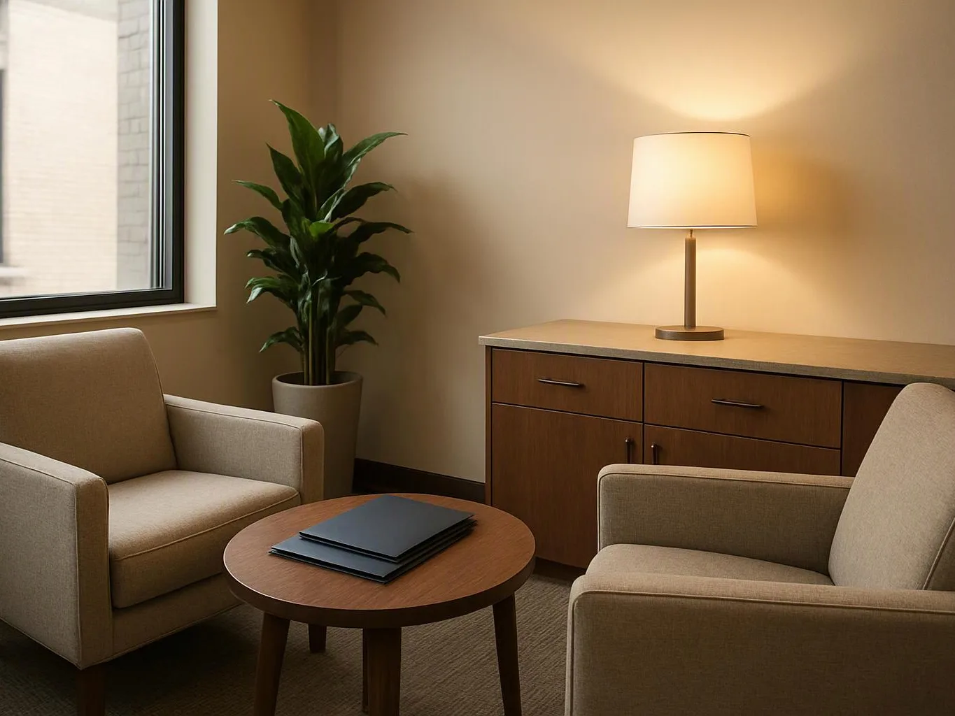 A cozy office lounge with beige chairs, a round table, a lamp, a cabinet, and a potted plant