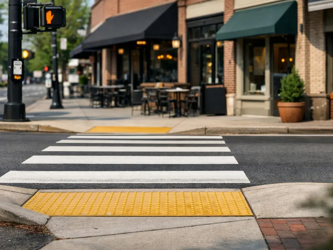 A crosswalk with yellow curb ramps sits beside a brick storefront with outdoor tables and awnings