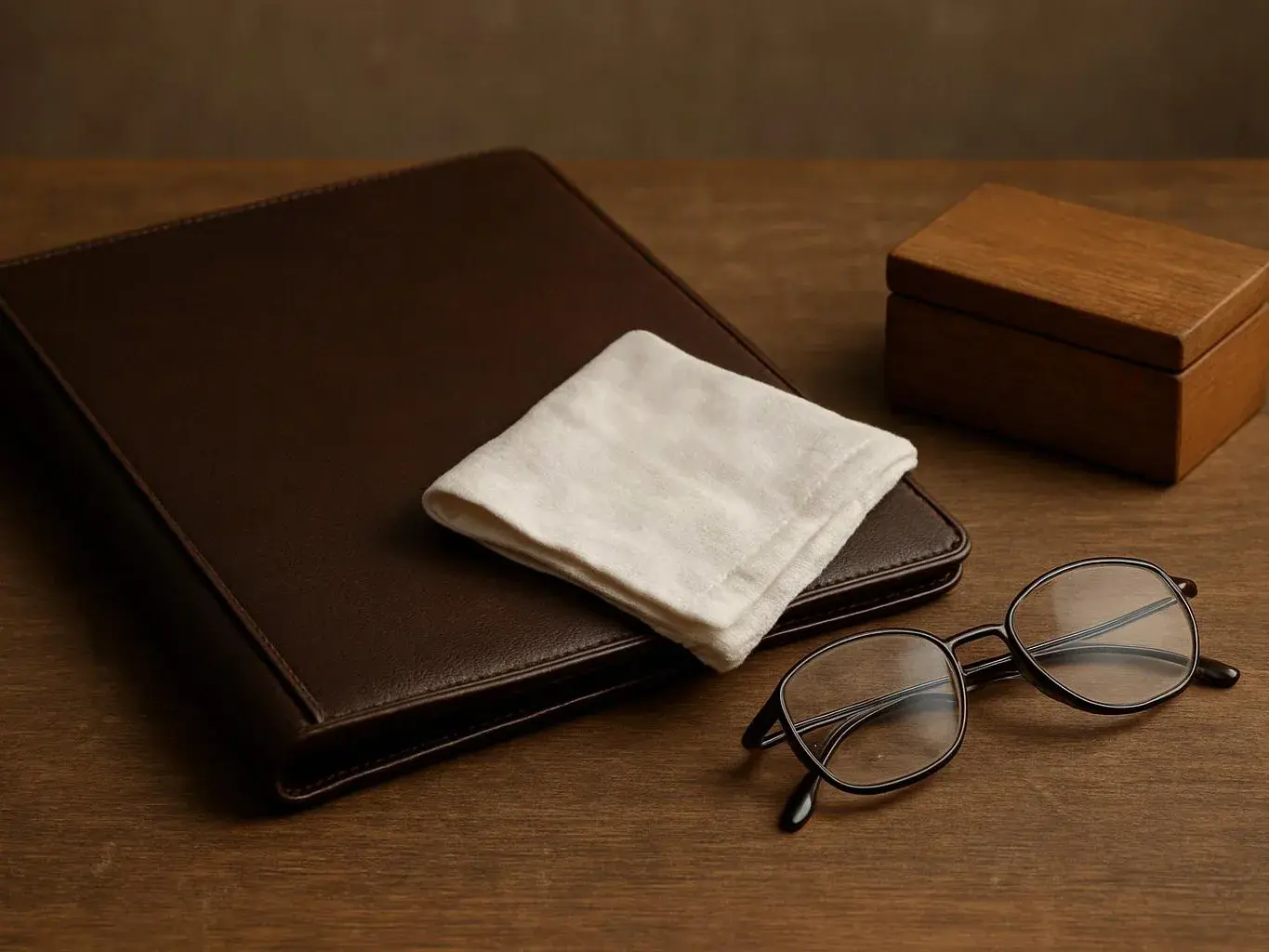 A dark leather folder, folded white cloth, round eyeglasses, and a small wooden box sit on a wooden desk