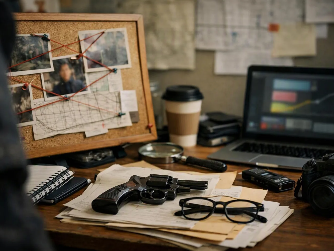 A desk holds a revolver, papers, glasses, a laptop, coffee cup, magnifier, and a corkboard with pinned photos and string