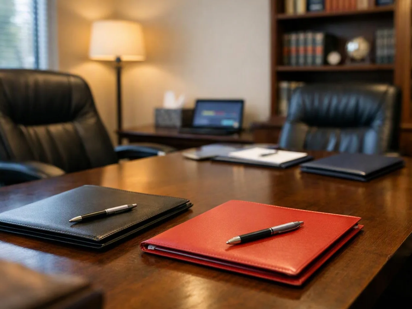 An empty conference room shows a wooden table with folders, pens, leather chairs, a lamp, and a laptop