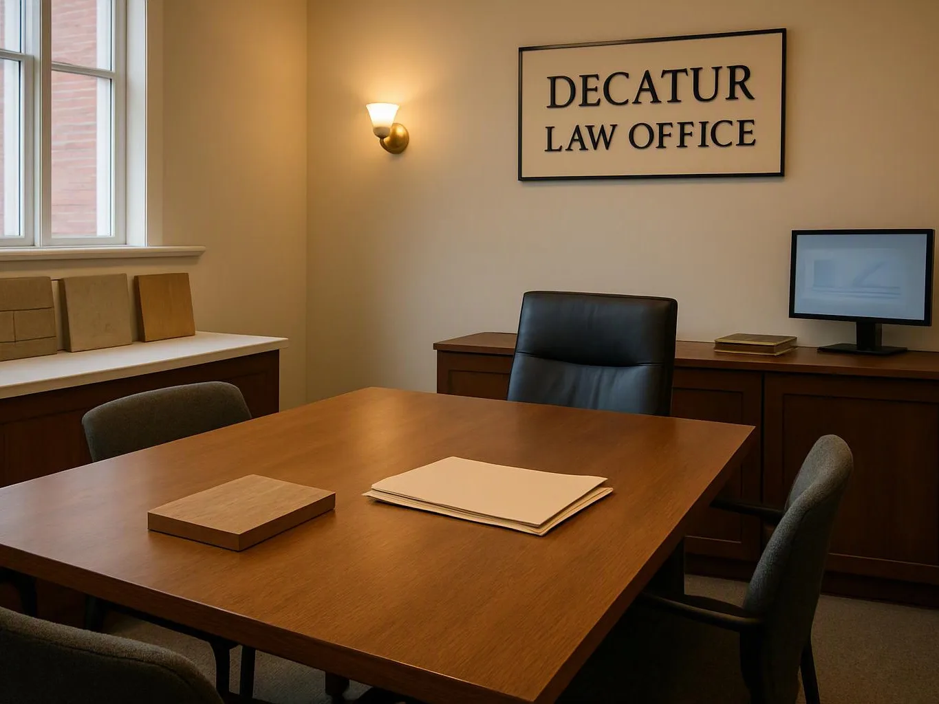 An empty law office conference room shows a wooden table, chairs, a computer, and a wall sign reading “DECATUR LAW OFFICE”