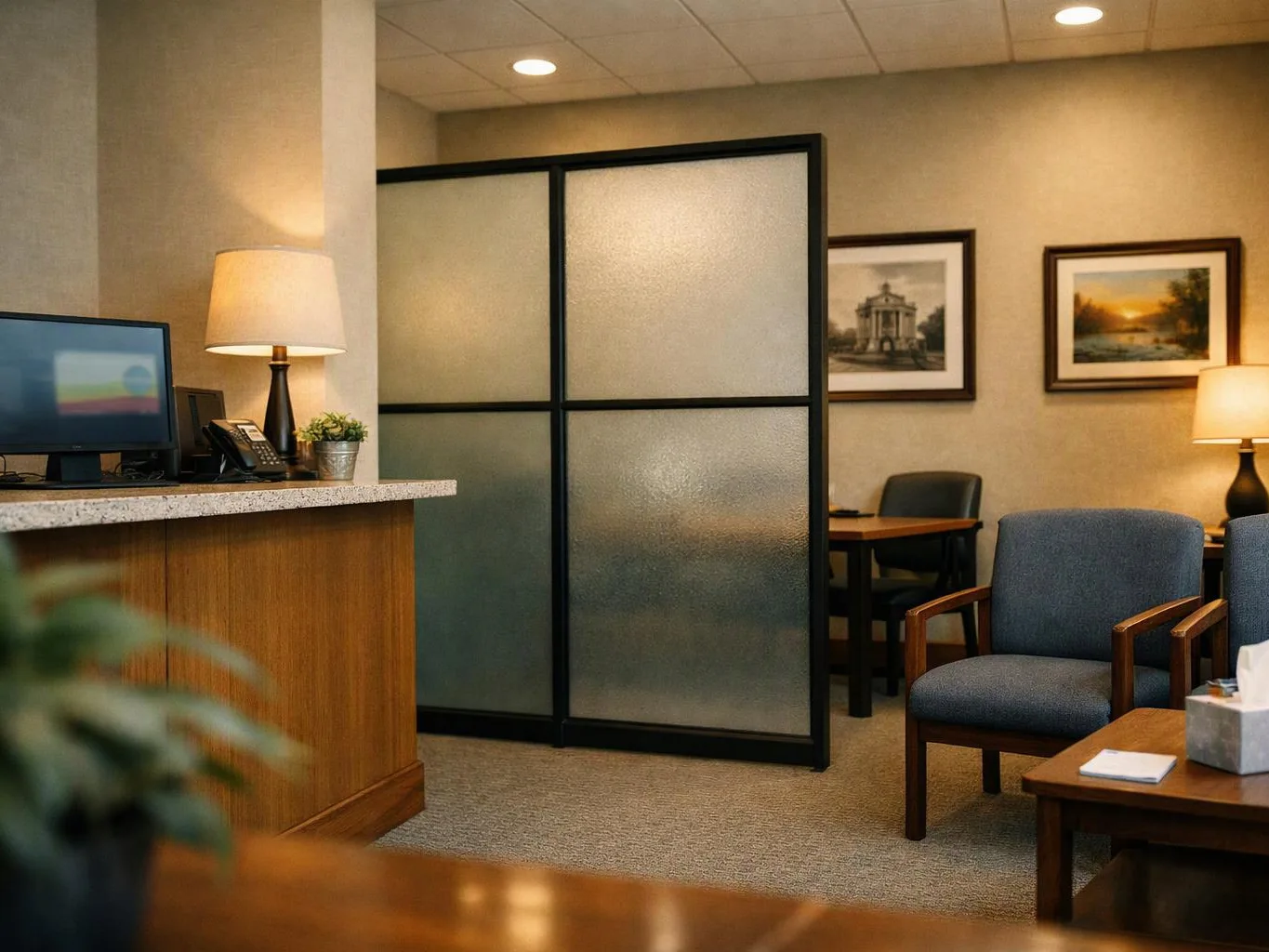 Empty waiting room with blue chairs, lamps, framed pictures, and a reception desk with a monitor