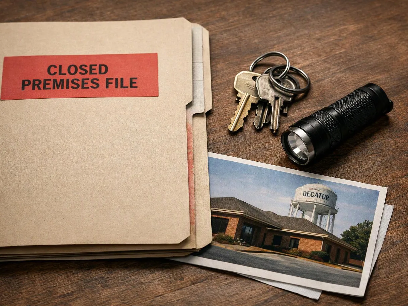 A file labeled “CLOSED PREMISES FILE” sits beside keys, a flashlight, and a photo of a brick building with a water tower