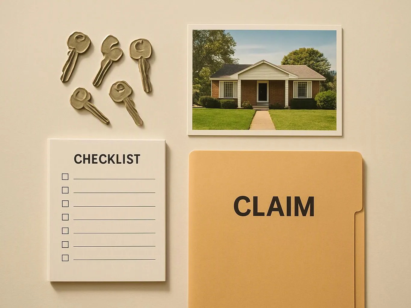 Five house keys, a checklist page, a folder labeled "CLAIM", and a framed house photo sit on a beige background