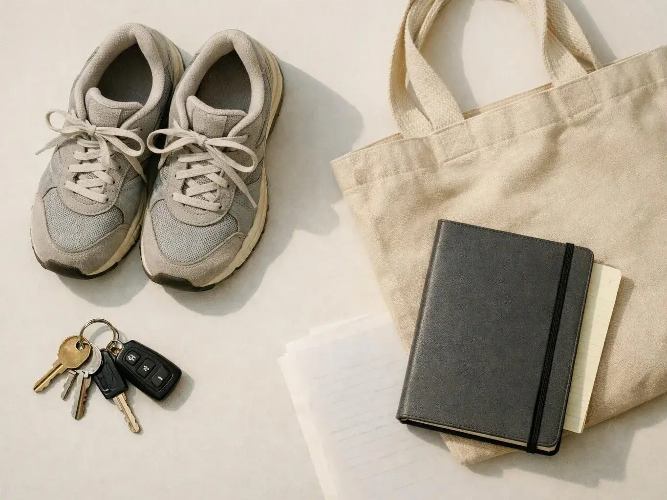A flat lay shows gray sneakers, a keyring, a canvas tote bag, and a black notebook on a light surface